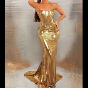 Chrome Gold Strapless Formal Gown Dress